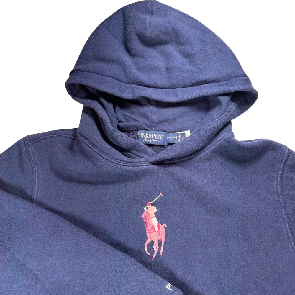 Ralph Lauren Pink Pony Hoodie Navy Blue Kids Girls Large 14-16 Fleece Pullover